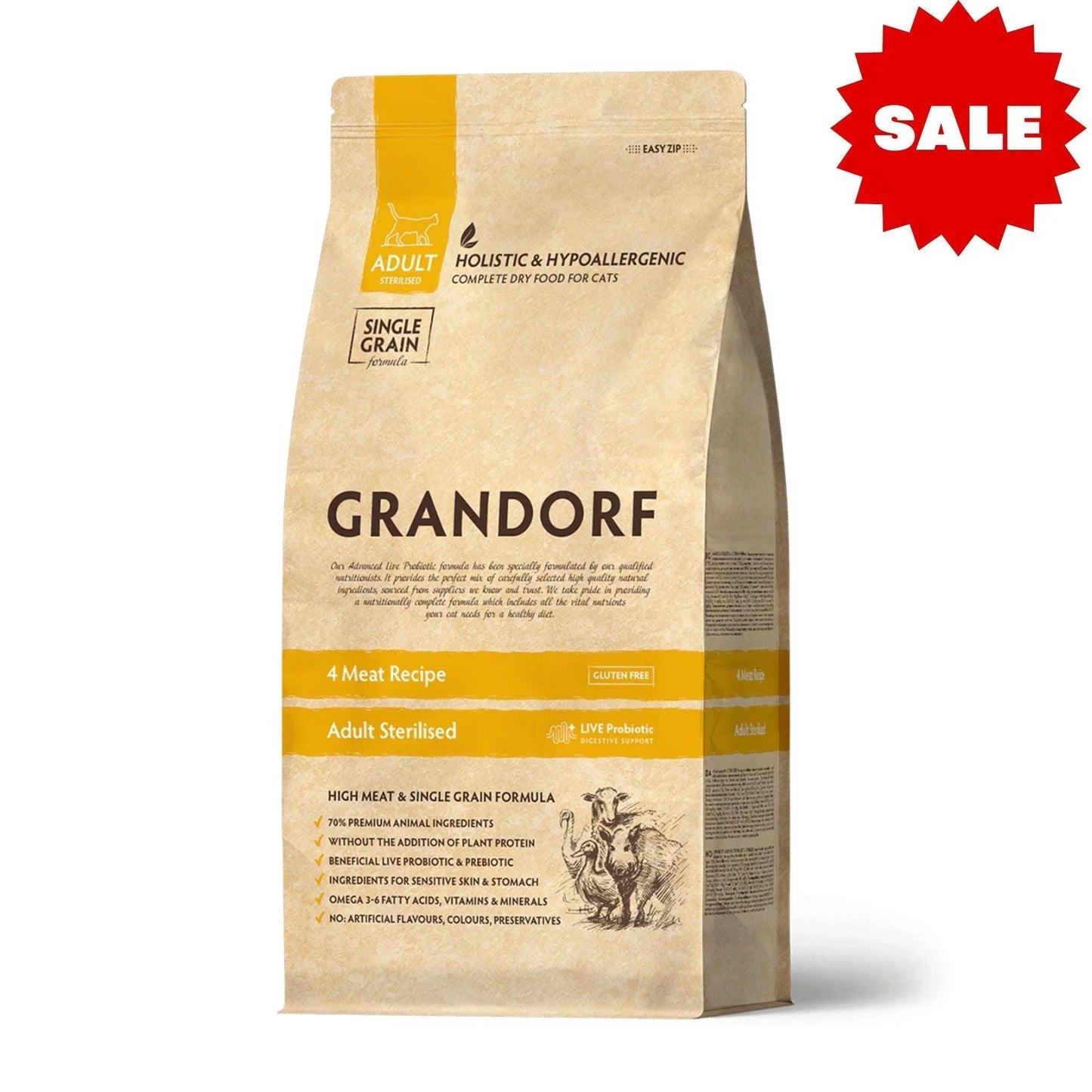 GRANDORF 4 Meat Sterilized גרנדורף 4 סוגי בשר סטרילייז לחתולים מסורסים ומעוקרות 8 ק”ג