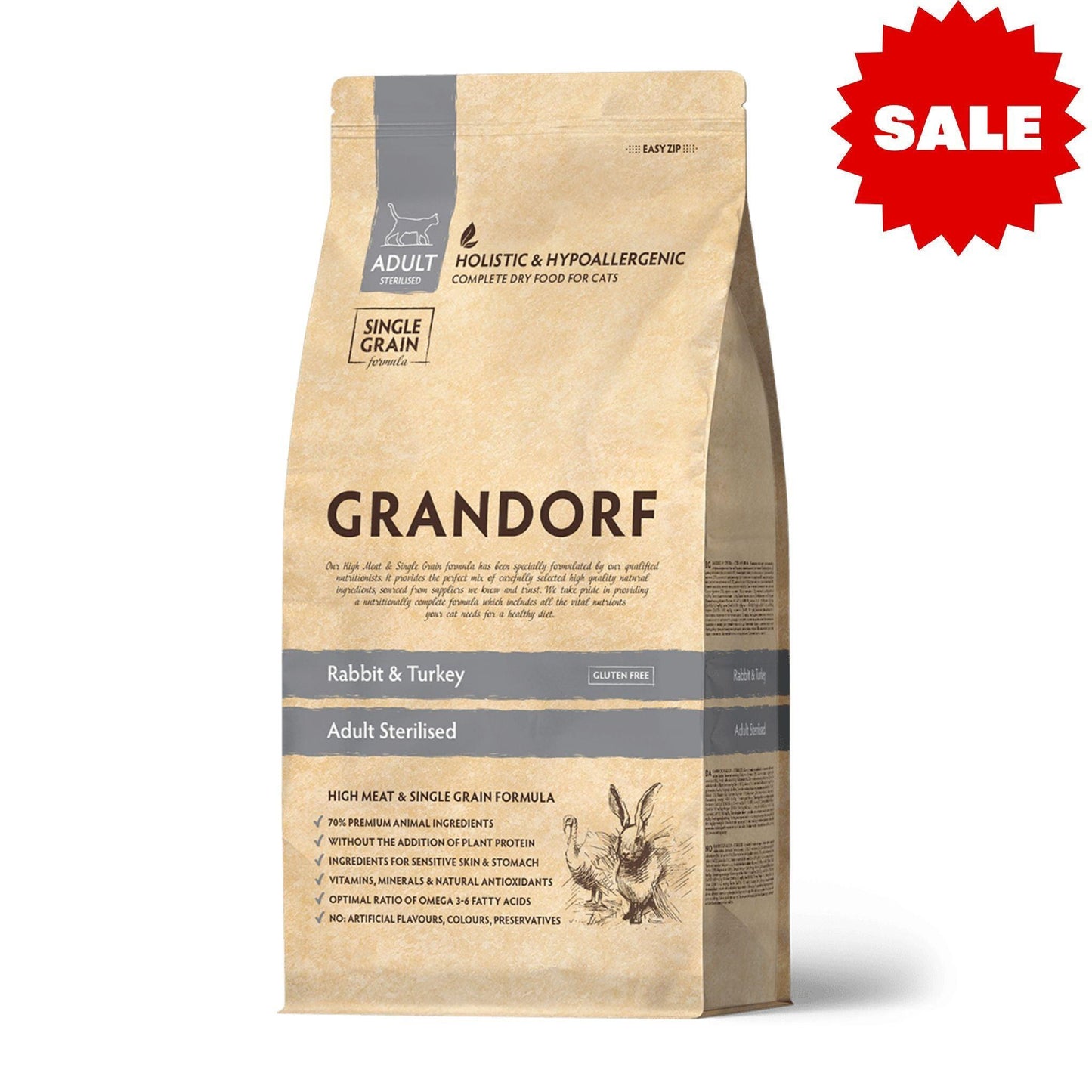 GRANDORF Rabbit Sterilized גרנדורף ארנבת לחתולים מעוקרים ומסורסים היפואלרגני 2 ק"ג