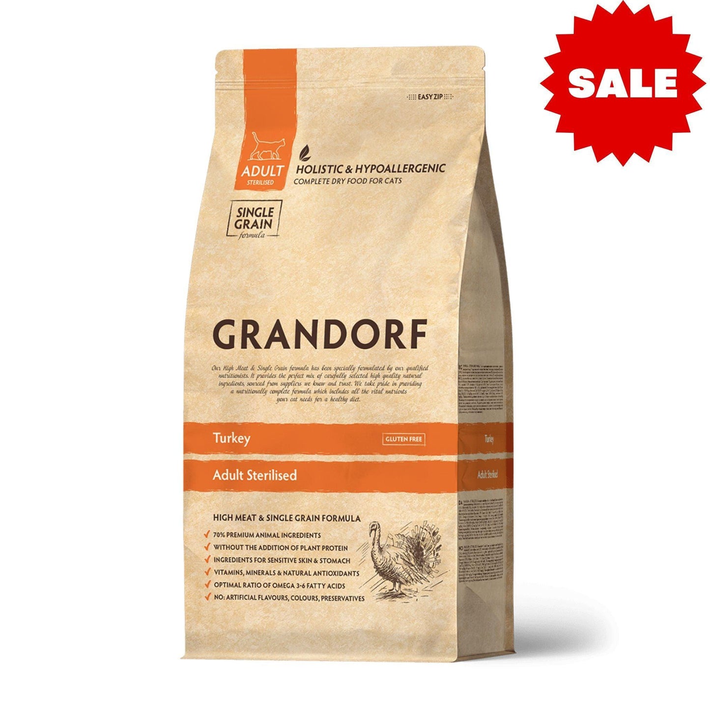 GRANDORF Turkey Sterilized גרנדורף הודו סטרילייז לחתולים מעוקרים ומסורסים היפואלרגני 2 ק"ג