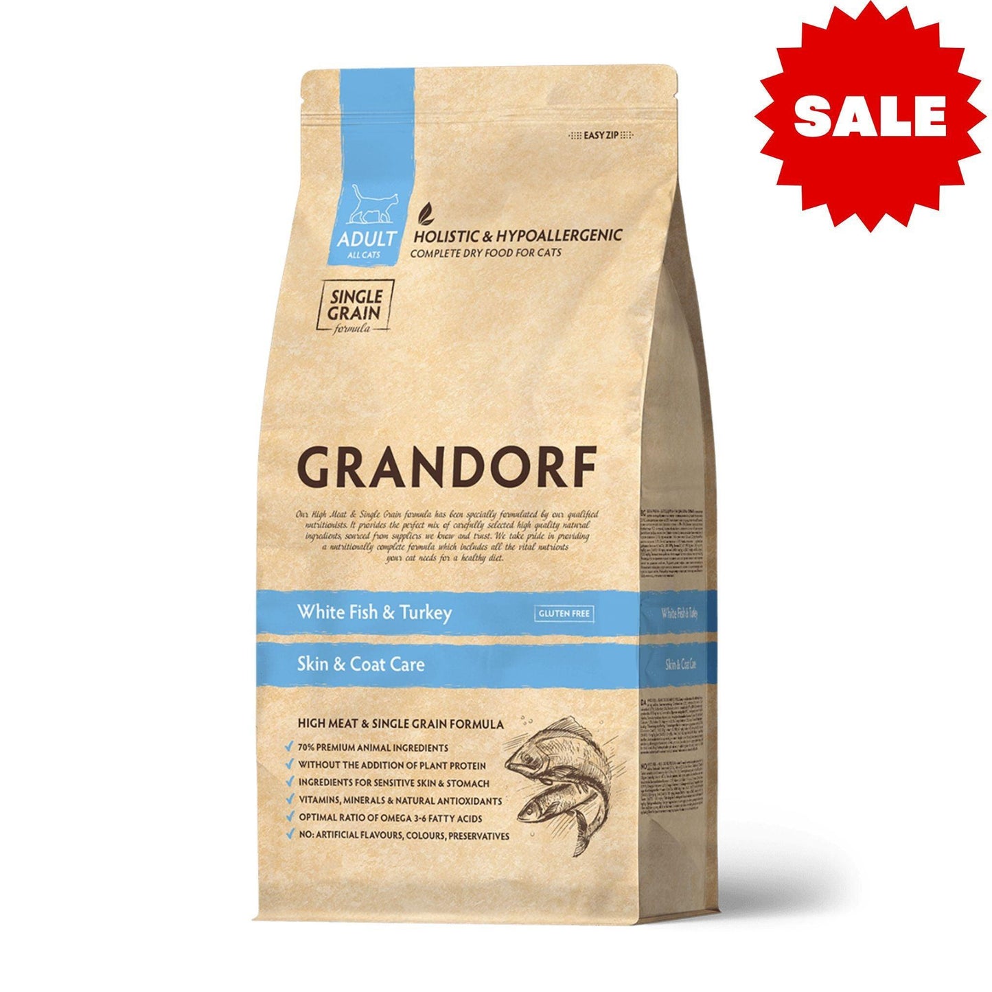 GRANDORF White Fish Indoor גרנדורף דגים לחתולים בוגרים היפואלרגני 2 ק"ג