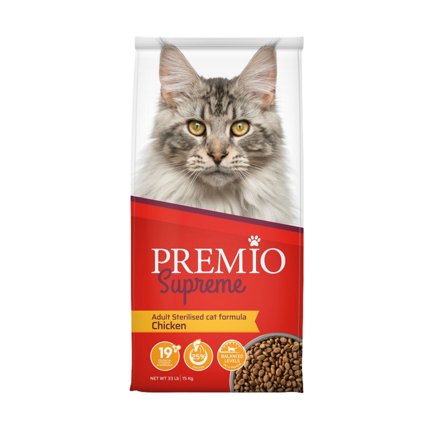 Premio פרמיו סופרים מזון יבש לחתולים מסורסים ומעוקרים עוף 15 ק״ג