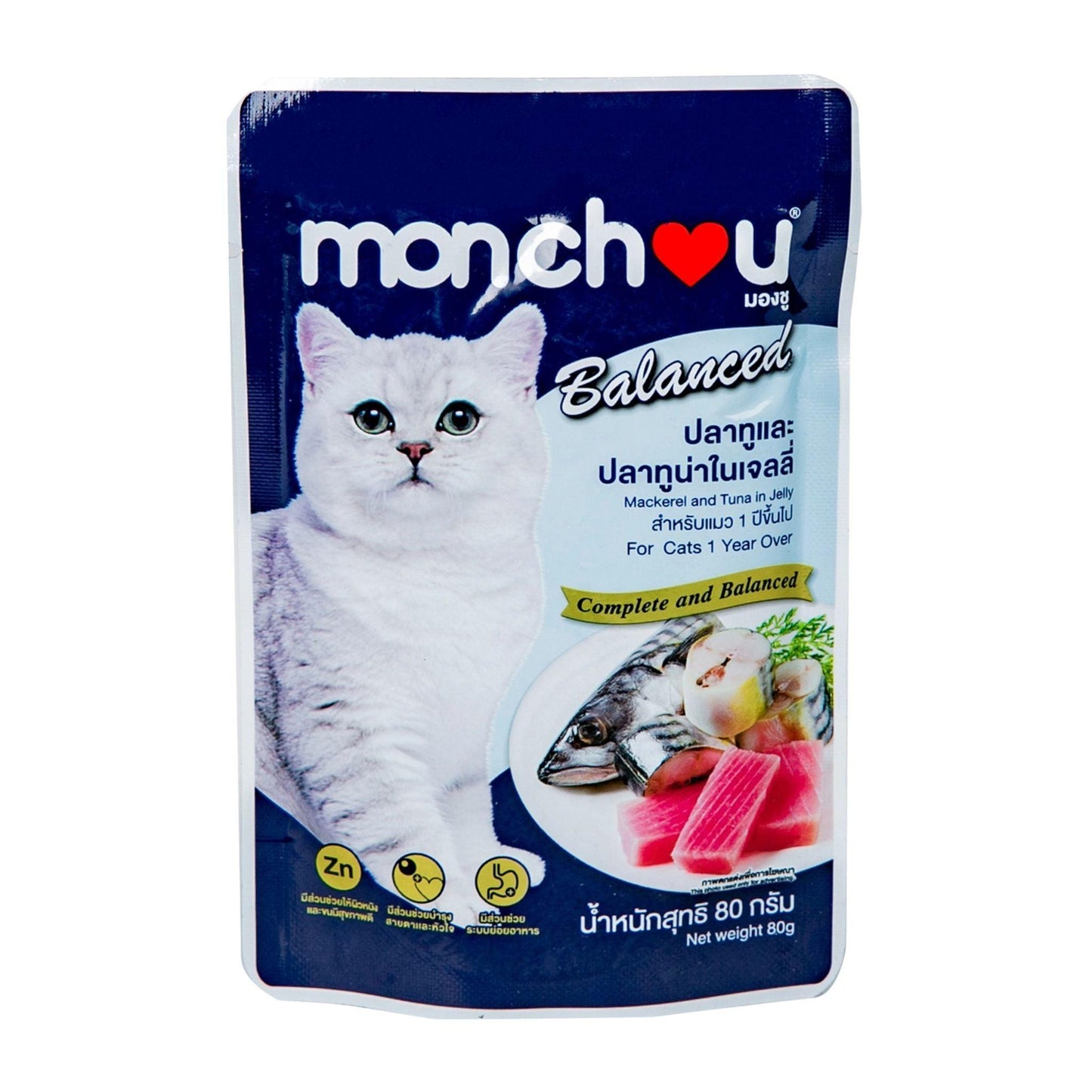 Monchou מונצ’ו פאוץ’ לחתולים מקרל וטונה בג’לי 80 גרם