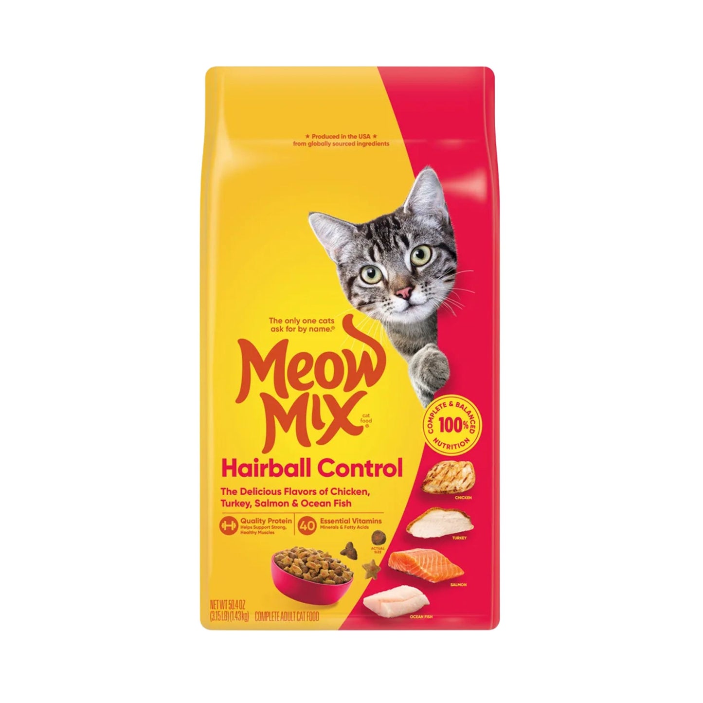 Meow Mix Hairball מיאו מיקס לחתולים היירבול להפחתת כדורי שיער 1.42 ק״ג