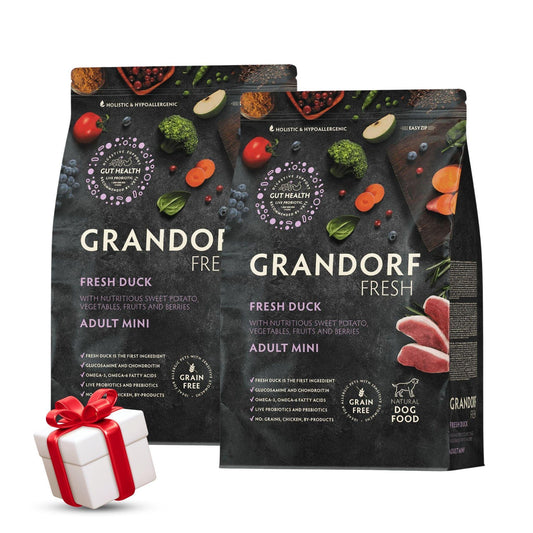 GRANDORF Fresh Duck Mini גרנדורף ברווז טרי לכלבים בוגרים מגזע קטן 3 ק”ג מבצע 2 שקים + מתנה