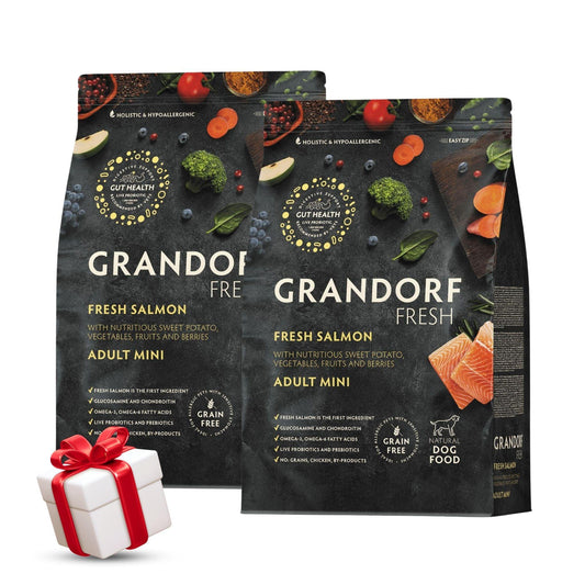 GRANDORF Fresh Salmon Mini גרנדורף סלמון טרי לכלבים בוגרים מגזע קטן 3 ק”ג מבצע 2 שקים + מתנה