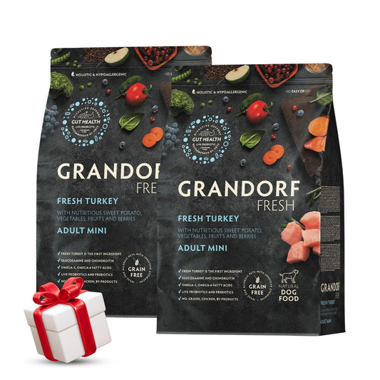 GRANDORF Fresh Turkey Mini גרנדורף הודו טרי לכלבים בוגרים מגזע קטן 3 ק”ג מבצע 2 שקים + מתנה