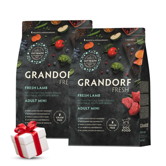 GRANDORF Fresh Lamb Mini גרנדורף כבש טרי לכלבים בוגרים מגזע קטן 3 ק”ג מבצע 2 שקים + מתנה