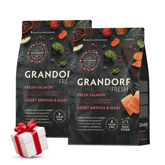 GRANDORF Fresh Salmon גרנדורף פרש סלמון טרי לכלבים בוגרים מגזע בינוני וגדול 10 ק”ג מבצע 2 שקים + מתנה