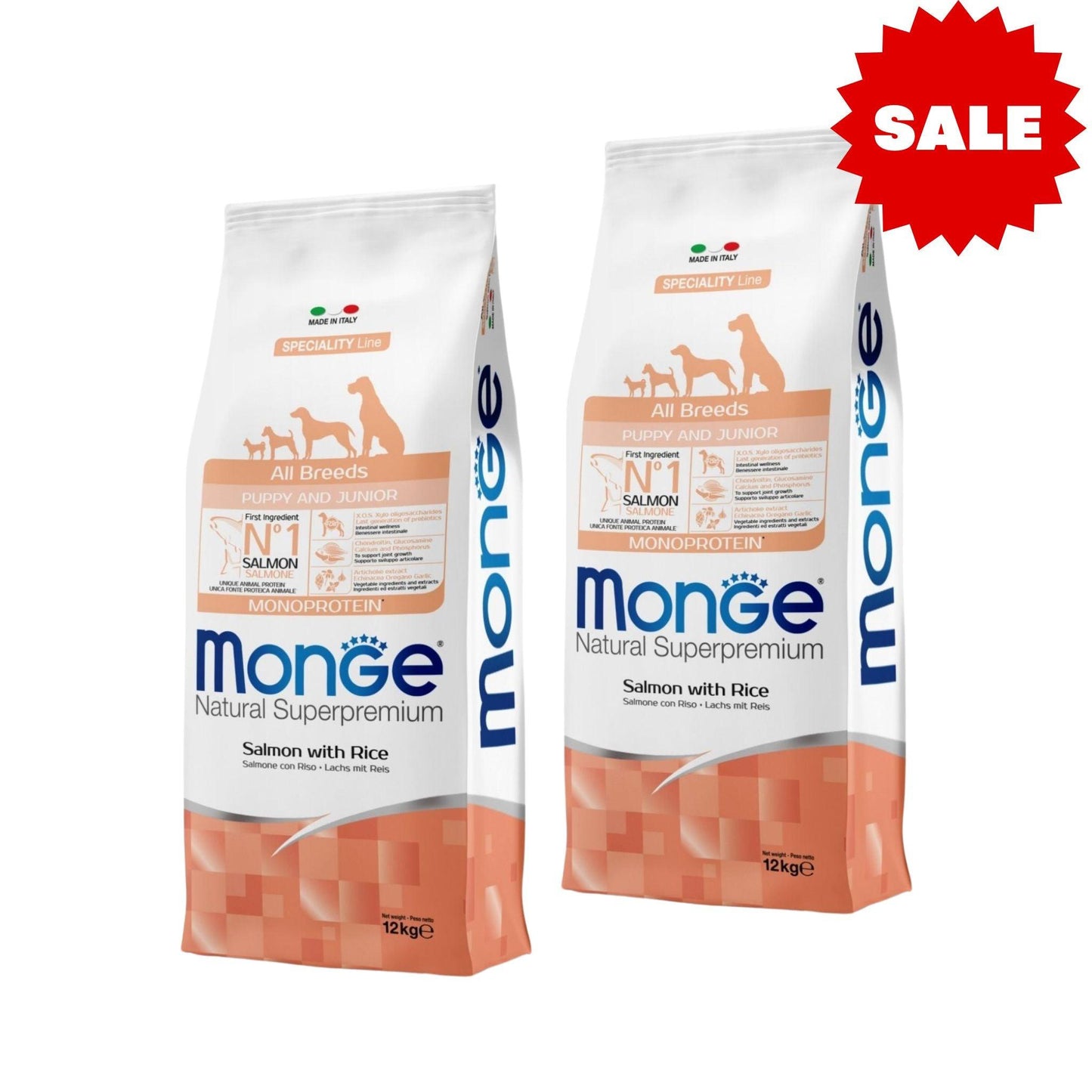 MONGE - Puppy and Junior Salmon מונג 2 שקי סלמון גור וגוניור 12 ק"ג