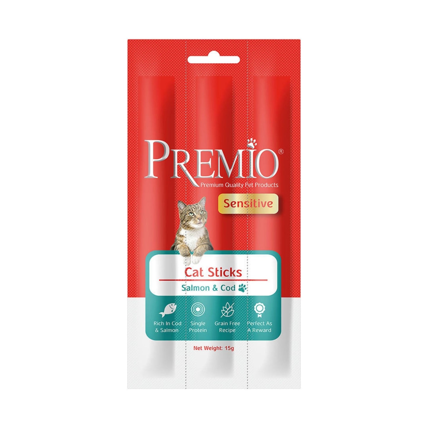 Premio פרמיו חטיף מקלות לחתולים עם סלמון ובקלה 15 גרם