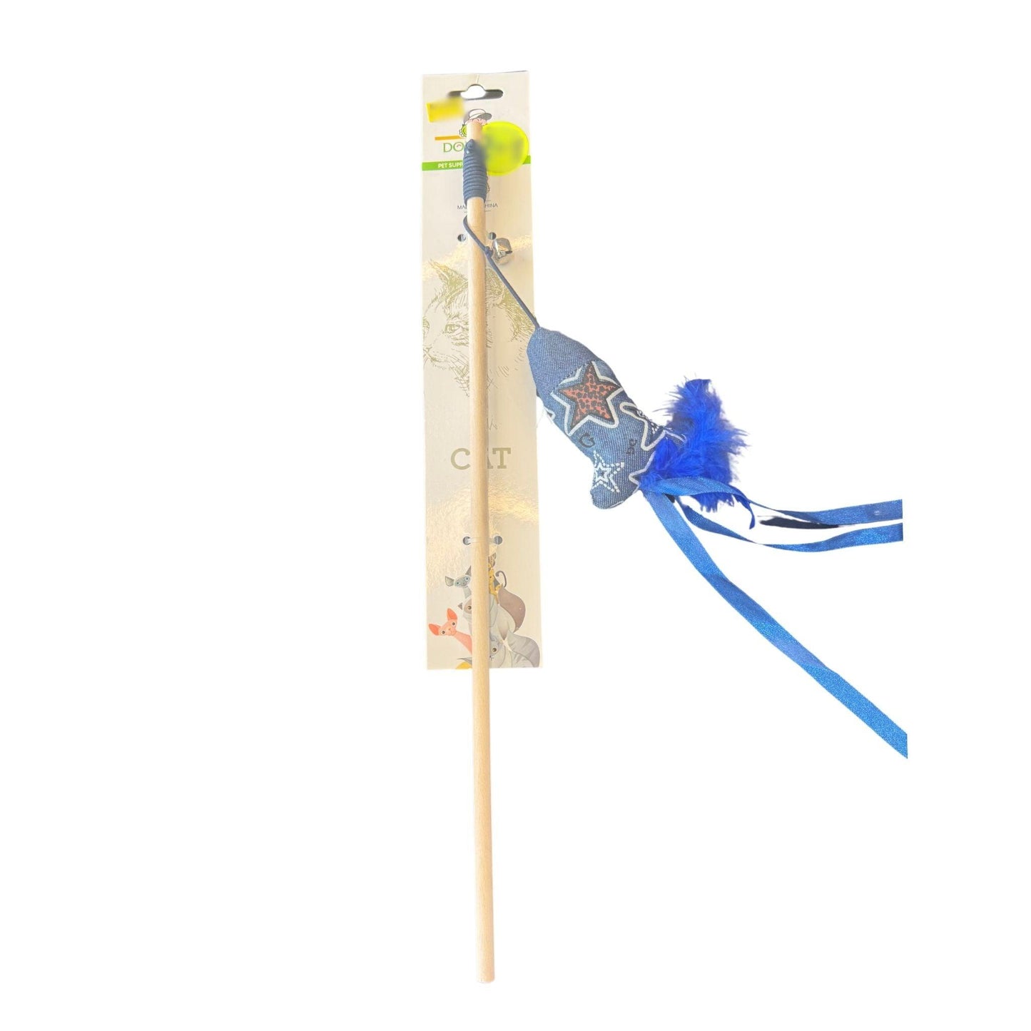 צעצוע חכה לחתול עם דג בד וכוכבים ונוצה