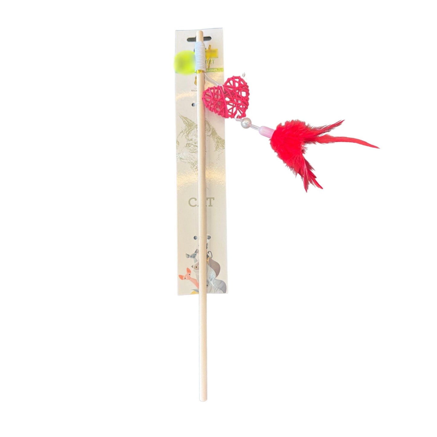 Cat fishing rod toy with red heart and feather