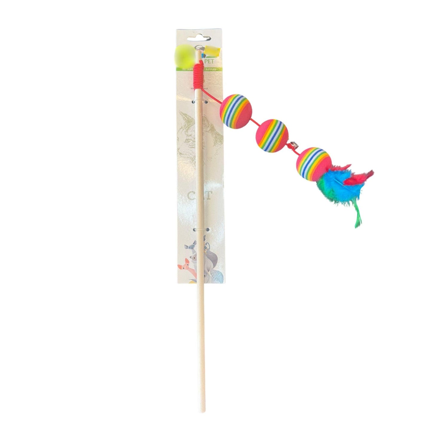 Cat fishing rod toy with 3 colorful balls and a feather