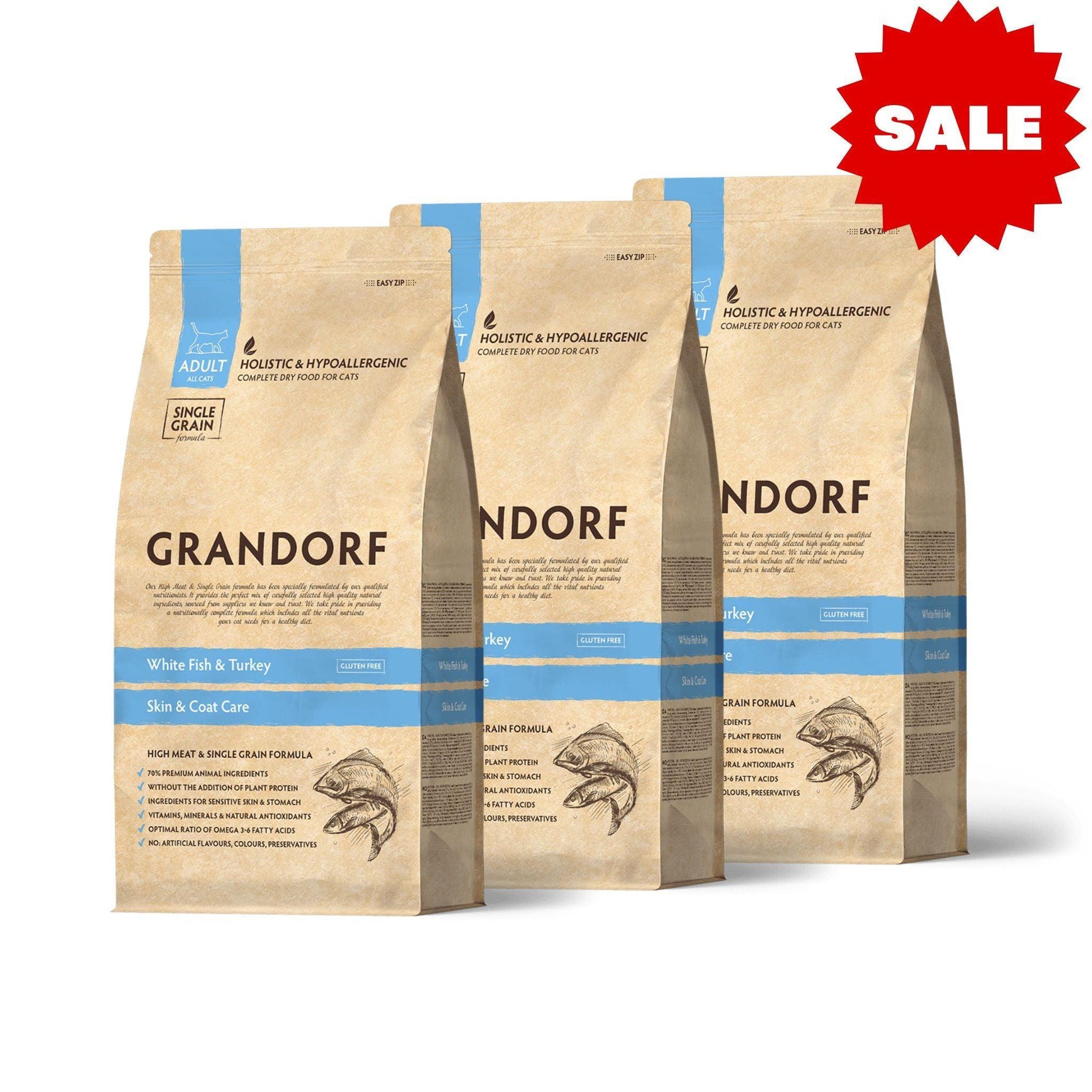 שקיות מזון גרנדורף לחתולים בוגרים אינדור בטעם דגים, משקל 2 קילו - מזון יבש לפרווה