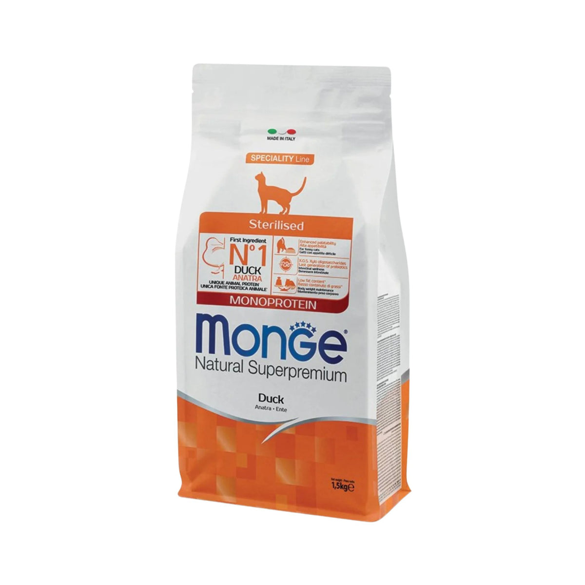 Monge מונג׳ מזון יבש לחתולים מסורסים ומעוקרים בטעם ברווז 1.5 ק״ג