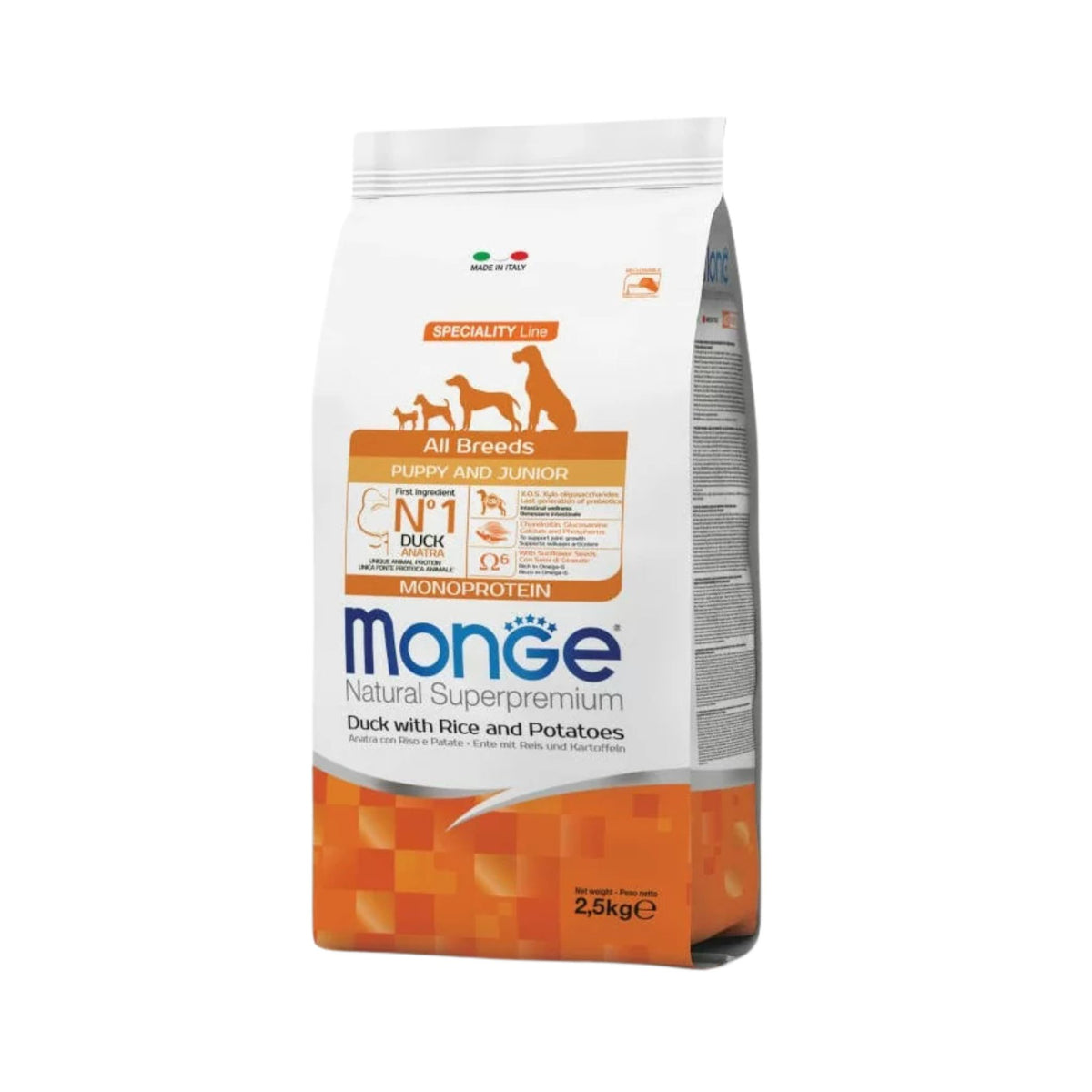 Monge מונג׳ ברווז ואורז ותפוחי אדמה מזון יבש לגורי כלבים פפי 2.5 ק״ג