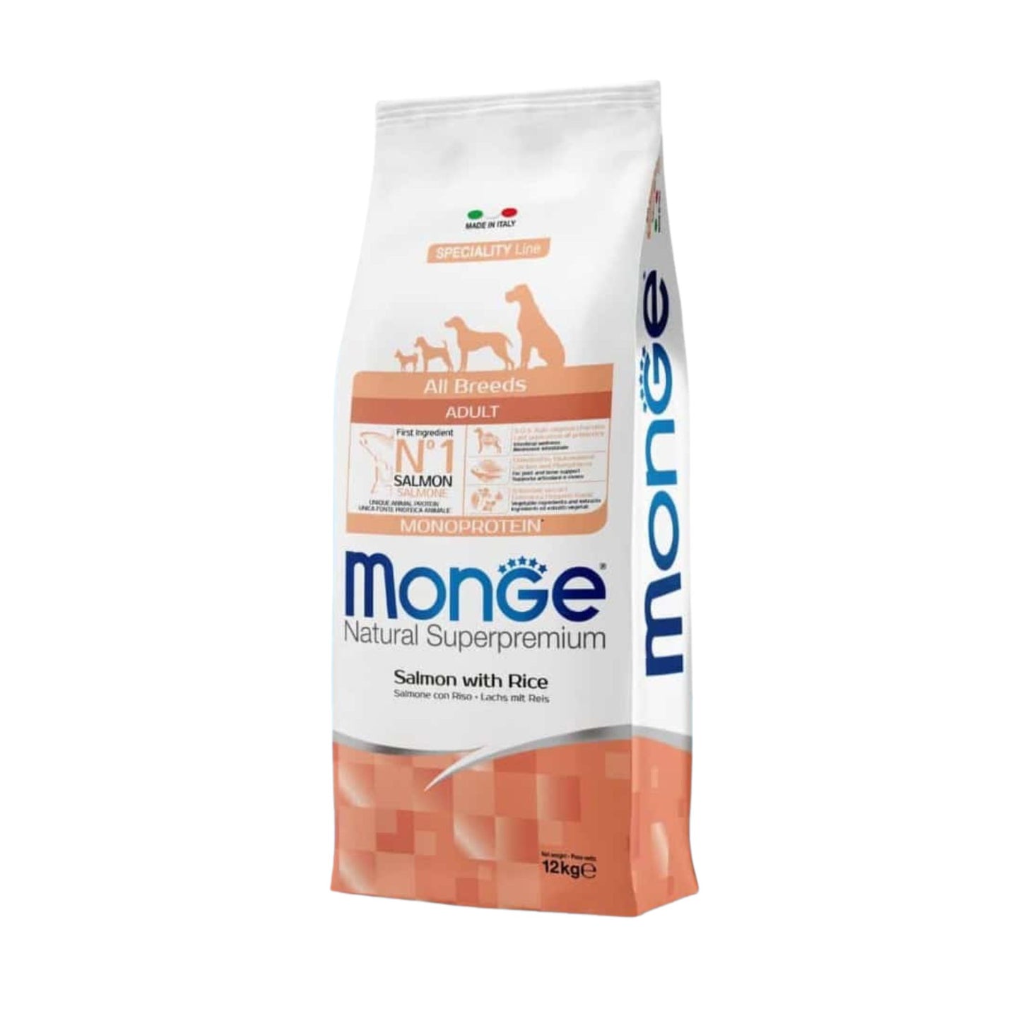 Monge מונג׳ סלמון ואורז מזון יבש לכלבים בוגרים 12 ק״ג