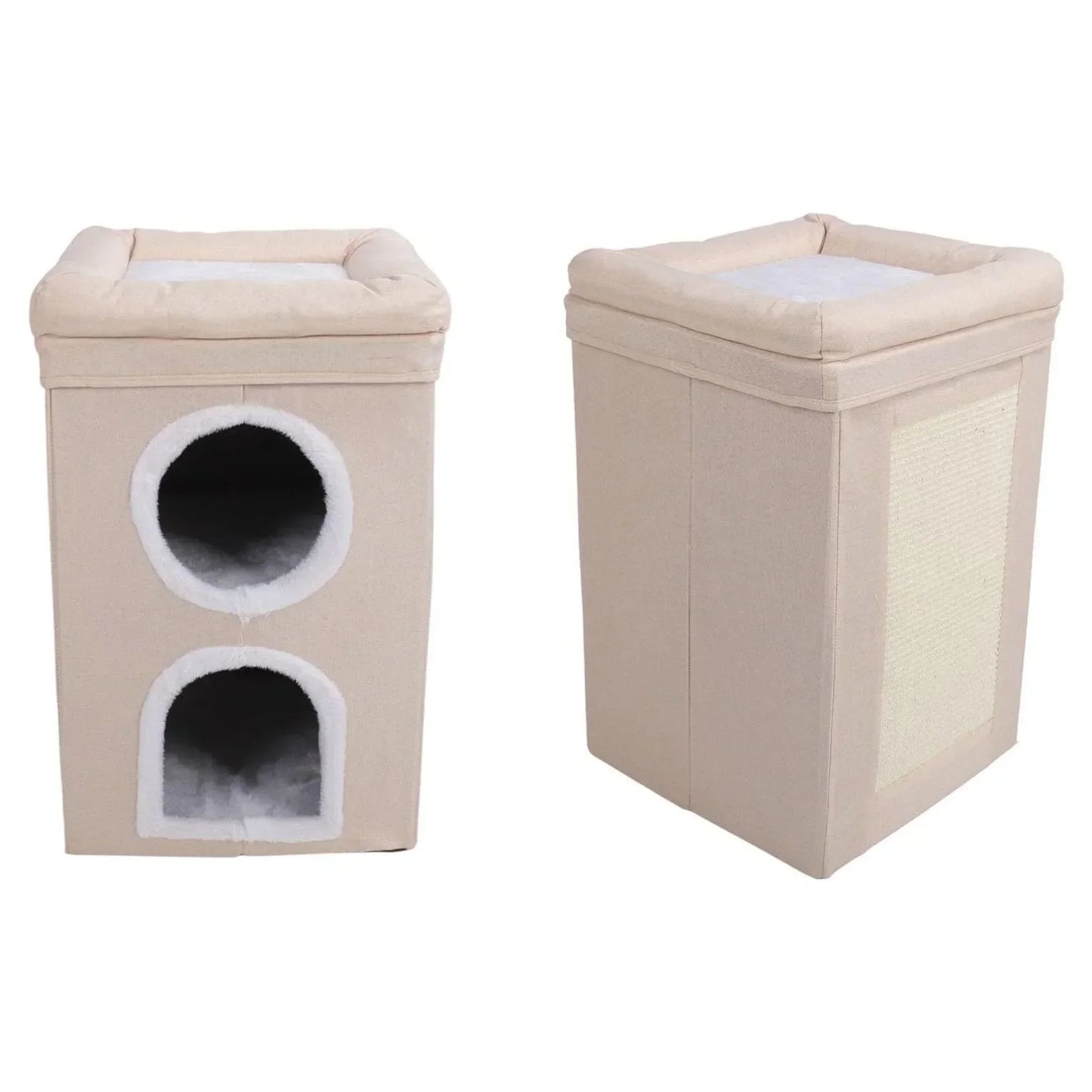 בית חתולים מרופד שתי קומות עם שריטה בצבע בז