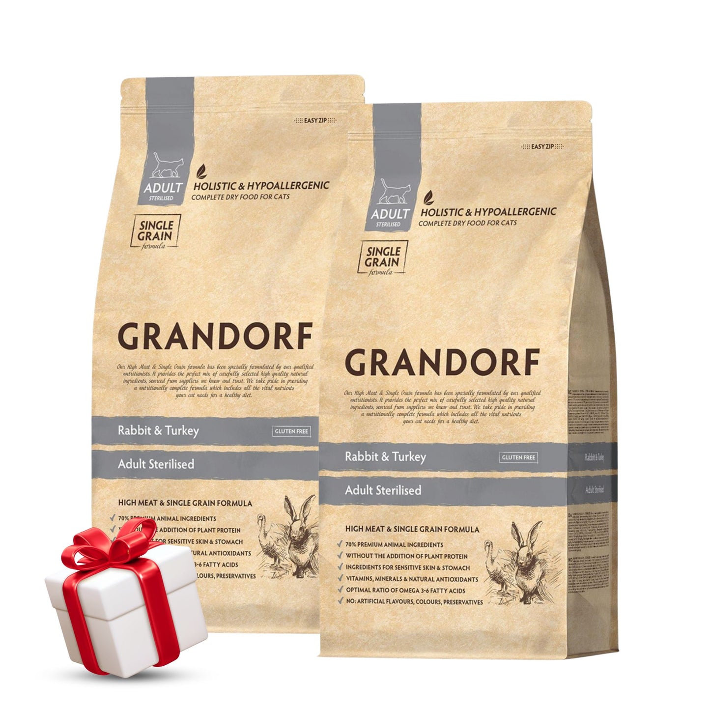 GRANDORF Rabbit Sterilized גרנדורף ארנבת סטרילייז לחתולים מעוקרים ומסורסים 8 ק"ג מבצע 2 שקים + מתנה