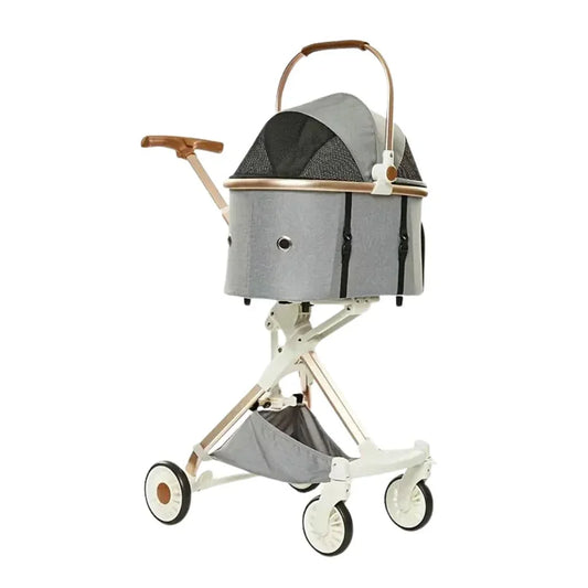 עגלת טיולים מתקפלת לכלבים וחתולים צבע אפור