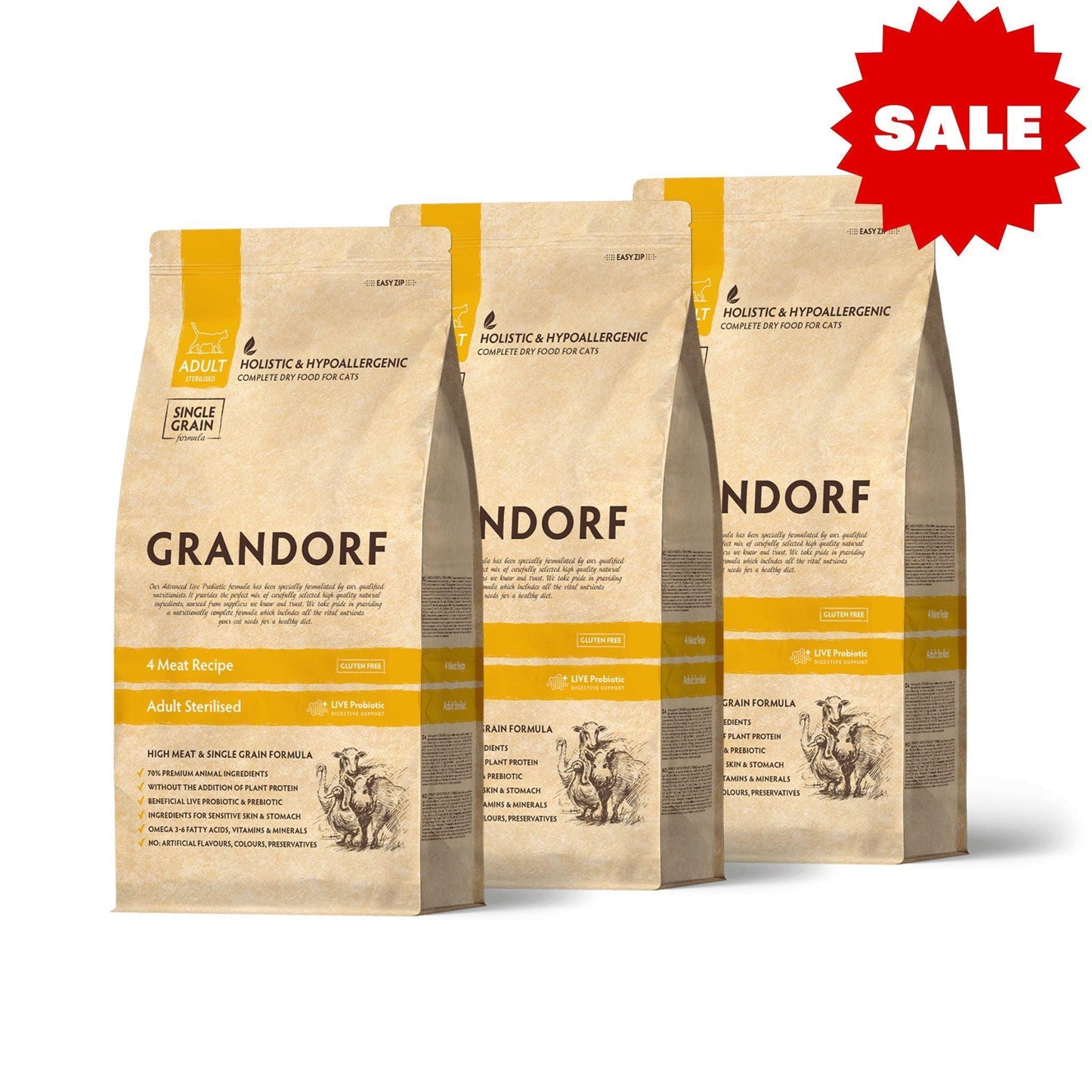 שקיות מזון גרנדורף לחתולים מעוקרים ומסורסים בטעם 4 סוגי בשר, משקל 2 קילו - מזון יבש