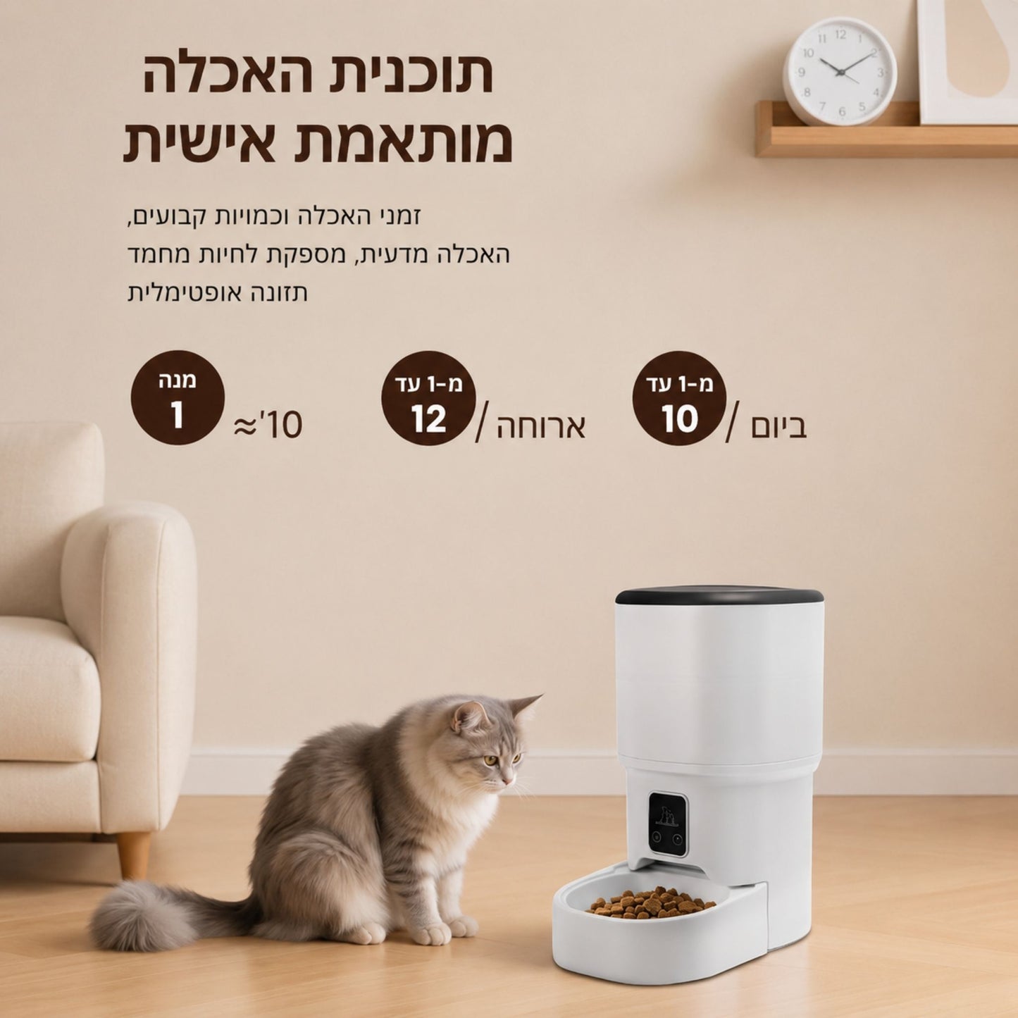 מתקן האכלה אוטומטי לחתולים וכלבים 4 ליטר עם אפליקציה לשליטה ותזמון ארוחות
