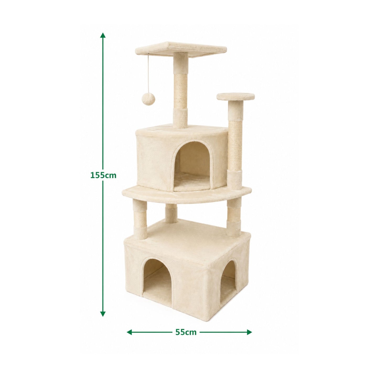 מתקן גירוד לחתולים רב-קומתי עם שני בתי מסתור צבע קרם 155 ס״מ
