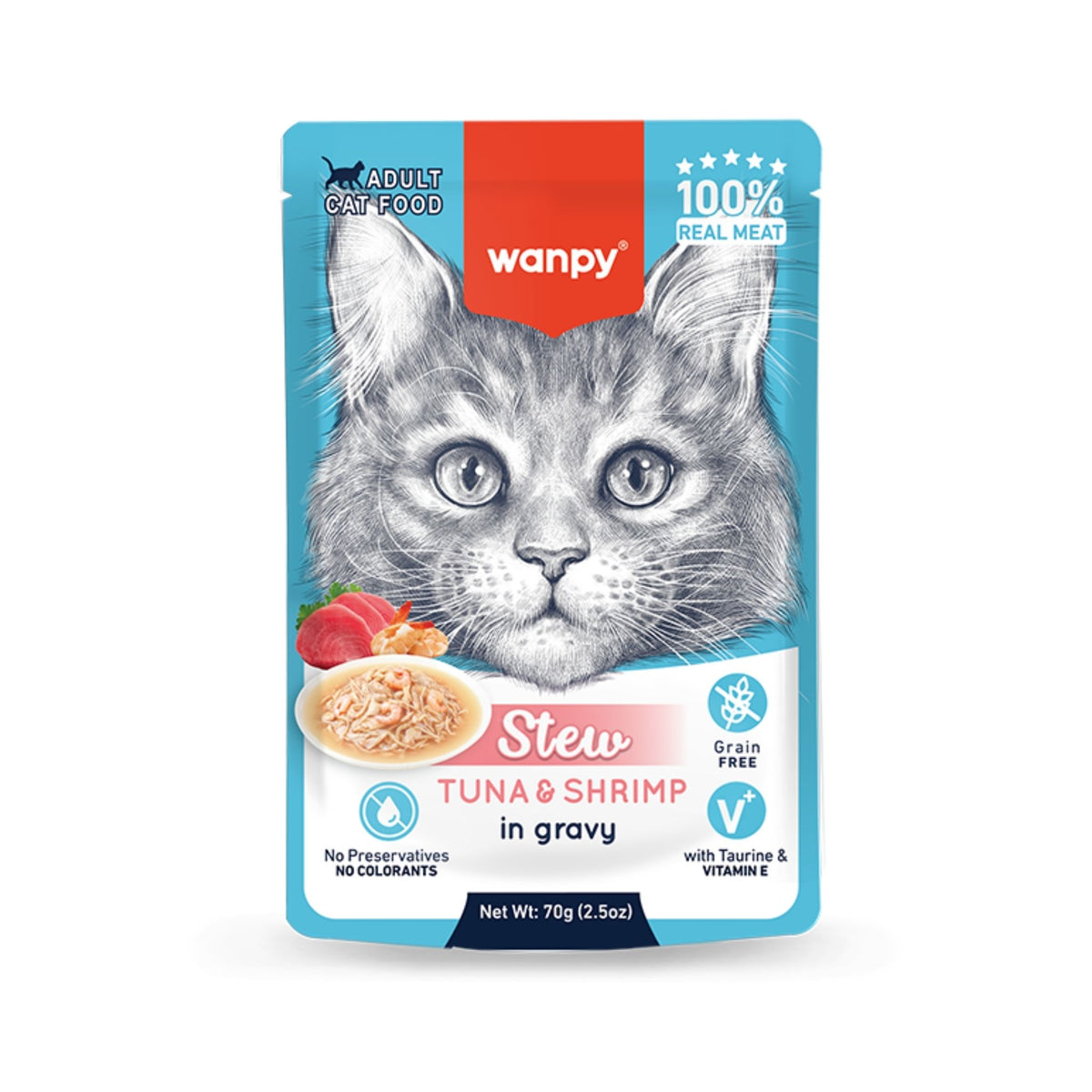 Wanpy וונפי פאוץ' מזון רטוב לחתולים עם תבשיל טונה ושרימפס ברוטב 70 גרם