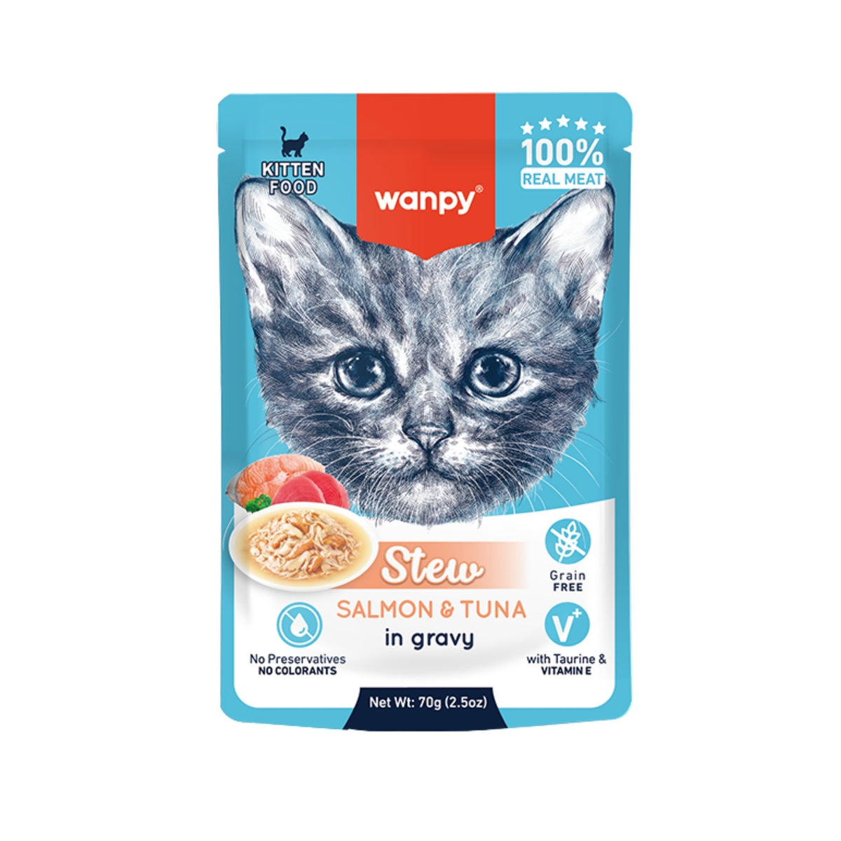 Wanpy וונפי פאוץ' מזון רטוב לגורי חתולים עם תבשיל סלמון וטונה ברוטב 70 גרם