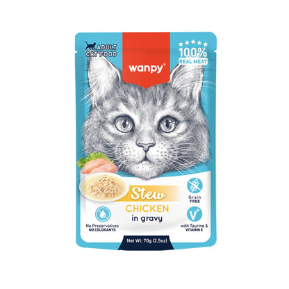 Wanpy וונפי פאוץ' מזון רטוב לחתולים עם תבשיל עוף ברוטב 70 גרם