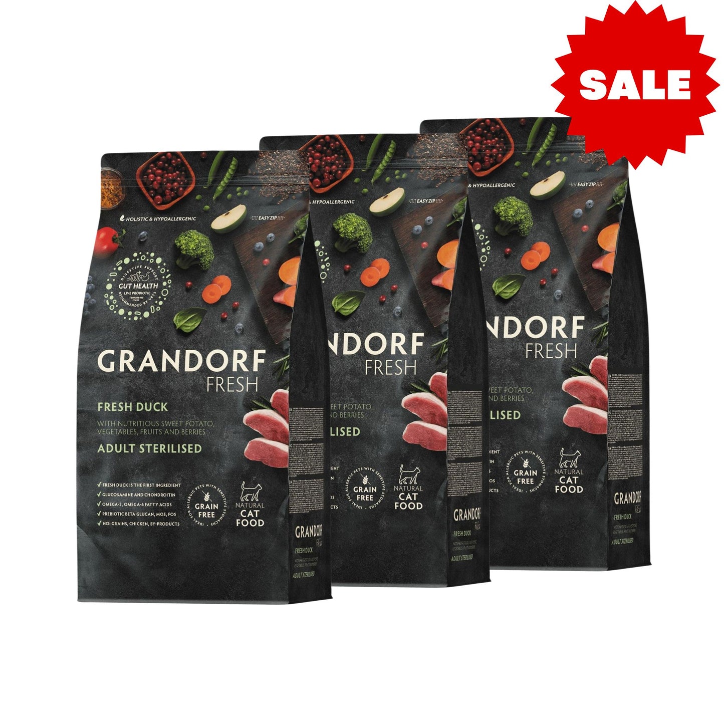 GRANDORF Fresh Duck גרנדורף ברווז טרי לחתולים מעוקרים או מבוגרים היפואלרגני 6 ק״ג