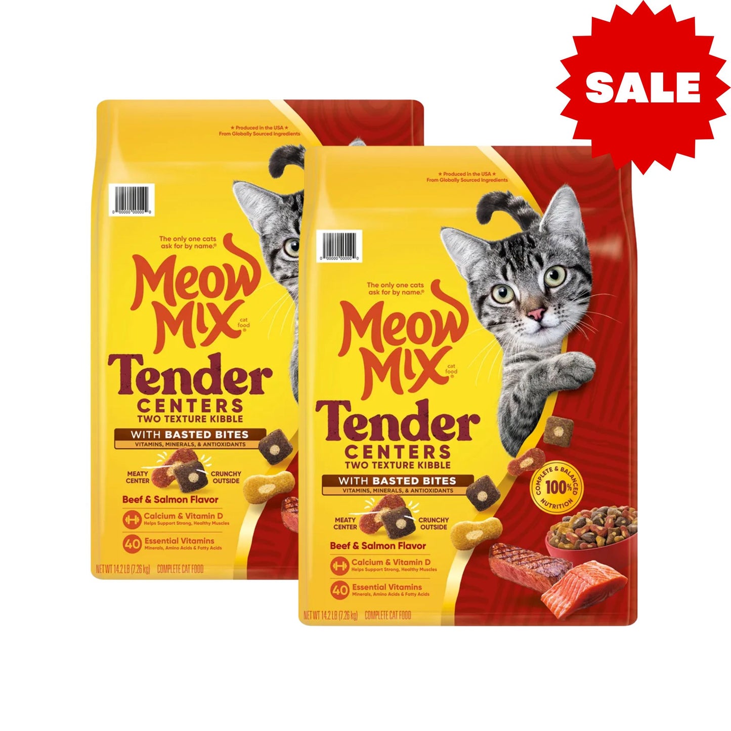 Meow Mix Tender Centers מבצע 2 שקי מיאו מיקס לחתולים בטעם בקר וסלמון 1.3 ק״ג