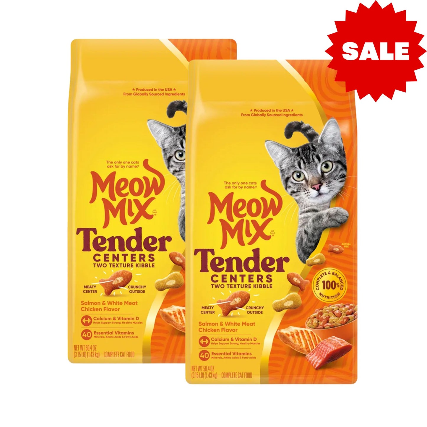 Meow Mix Tender Centers מבצע 2 שק מיאו מיקס לחתולים בטעם סלמון ועוף 6.44 ק״ג