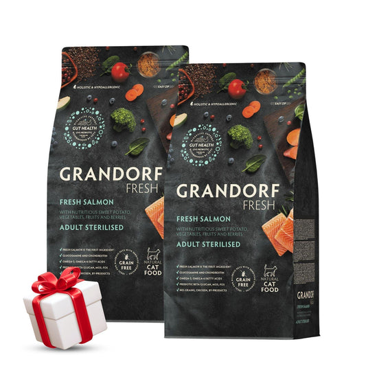 GRANDORF Fresh Salmon גרנדורף סלמון טרי לחתולים מעוקרים או מבוגרים 2 ק״ג מבצע 2 שקים + מתנה