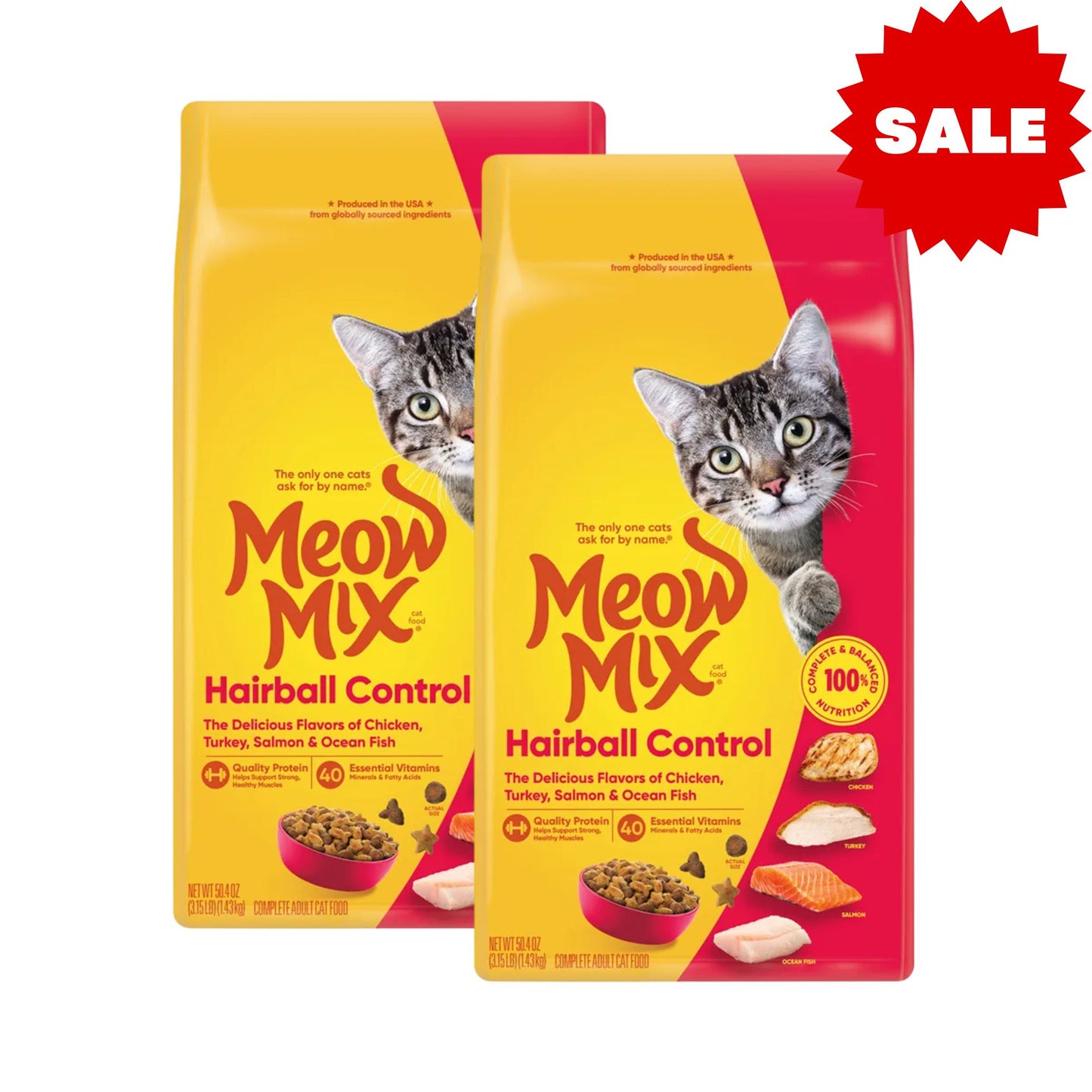 Meow Mix Hairball מבצע 2 שקי מיאו מיקס לחתולים היירבול להפחתת כדורי שיער 1.42 ק״ג