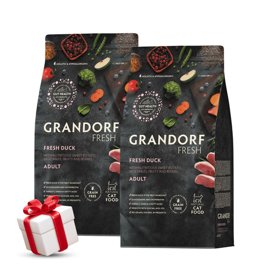 GRANDORF Fresh Duck גרנדורף ברווז טרי לחתולים בוגרים 2 ק״ג מבצע 2 שקים + מתנה