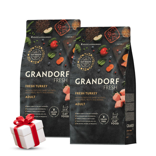 GRANDORF Fresh Turkey גרנדורף הודו טרי לחתולים בוגרים 2 ק״ג מבצע 2 שקים + מתנה