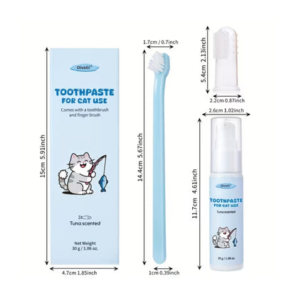 משחת שיניים לחתולים בטעם טונה עם מברשת שיניים ומברשת אצבע