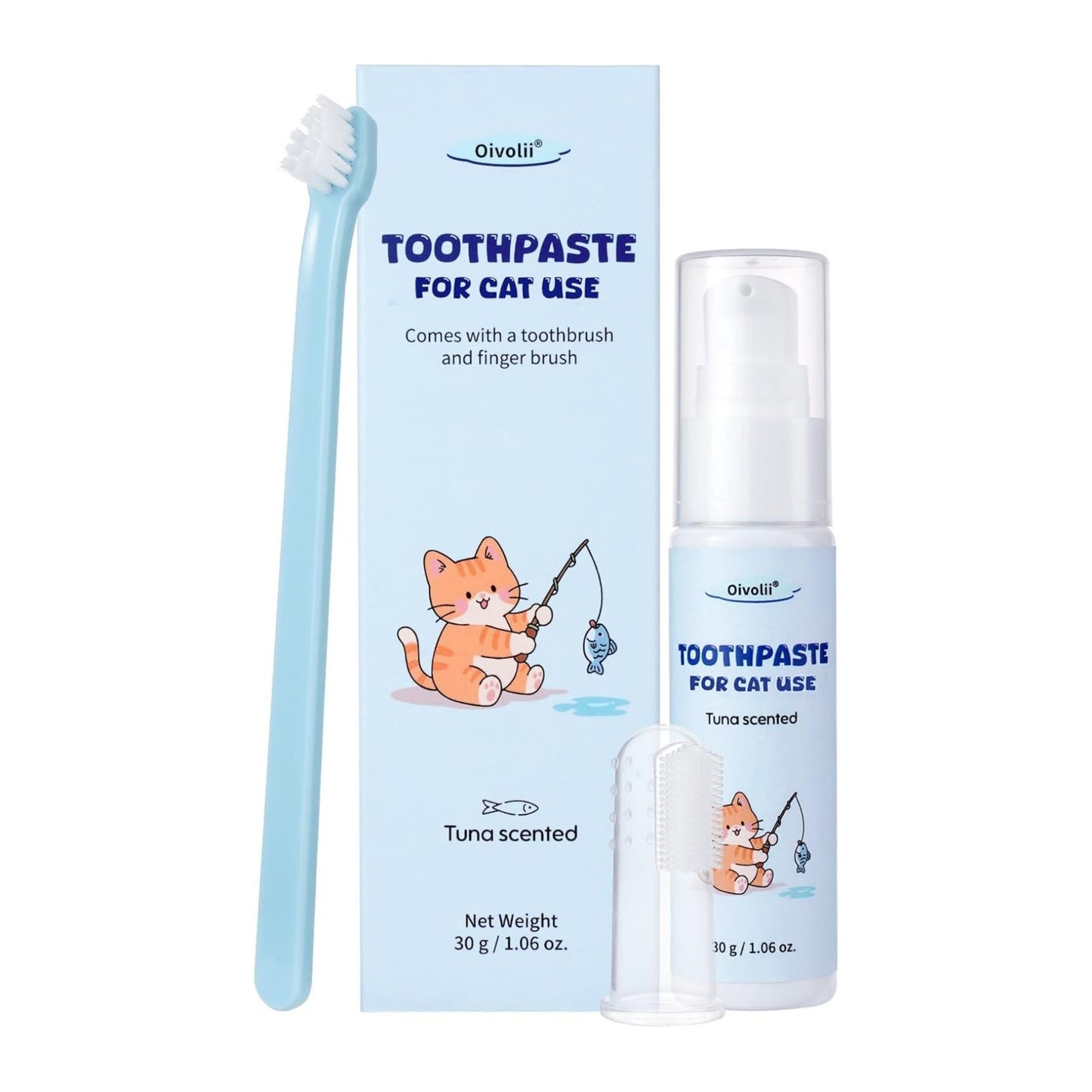 משחת שיניים לחתולים בטעם טונה עם מברשת שיניים ומברשת אצבע