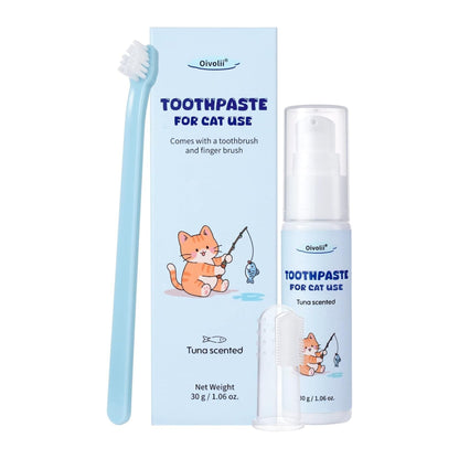משחת שיניים לחתולים בטעם טונה עם מברשת שיניים ומברשת אצבע