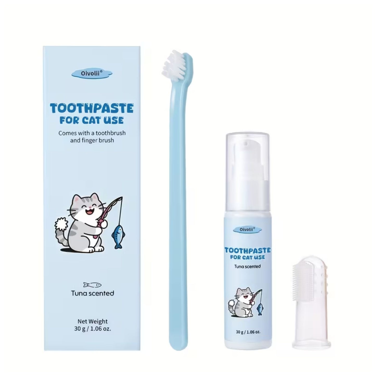 משחת שיניים לחתולים בטעם טונה עם מברשת שיניים ומברשת אצבע