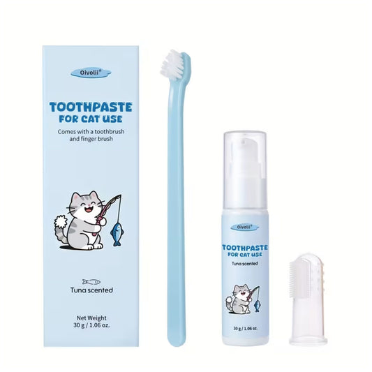 משחת שיניים לחתולים בטעם טונה עם מברשת שיניים ומברשת אצבע