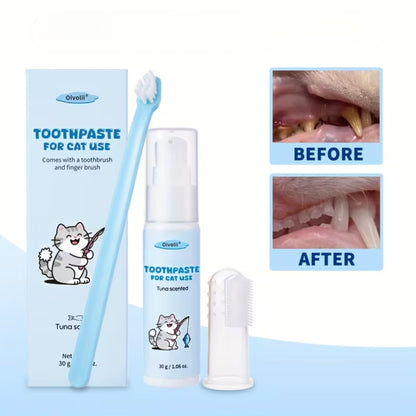 משחת שיניים לחתולים בטעם טונה עם מברשת שיניים ומברשת אצבע