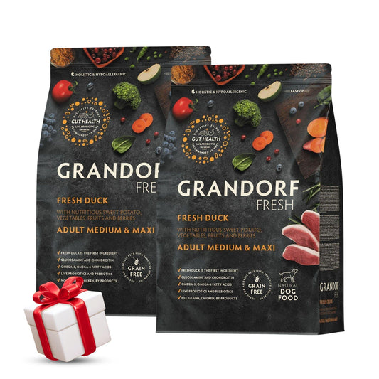 GRANDORF Fresh Duck גרנדורף פרש ברווז טרי לכלבים בוגרים מגזע בינוני וגדול 10 ק”ג מבצע 2 שקים + מתנה