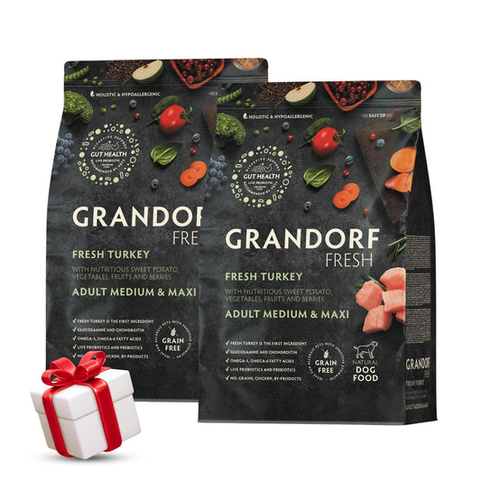 GRANDORF Fresh Turkey גרנדורף פרש הודו טרי לכלבים בוגרים מגזע בינוני וגדול 10 ק”ג מבצע 2 שקים + מתנה