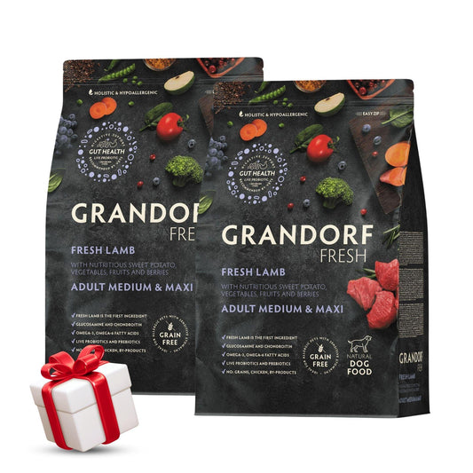 GRANDORF Fresh Lamb גרנדורף פרש כבש טרי לכלבים בוגרים מגזע בינוני וגדול 10 ק”ג מבצע 2 שקים + מתנה