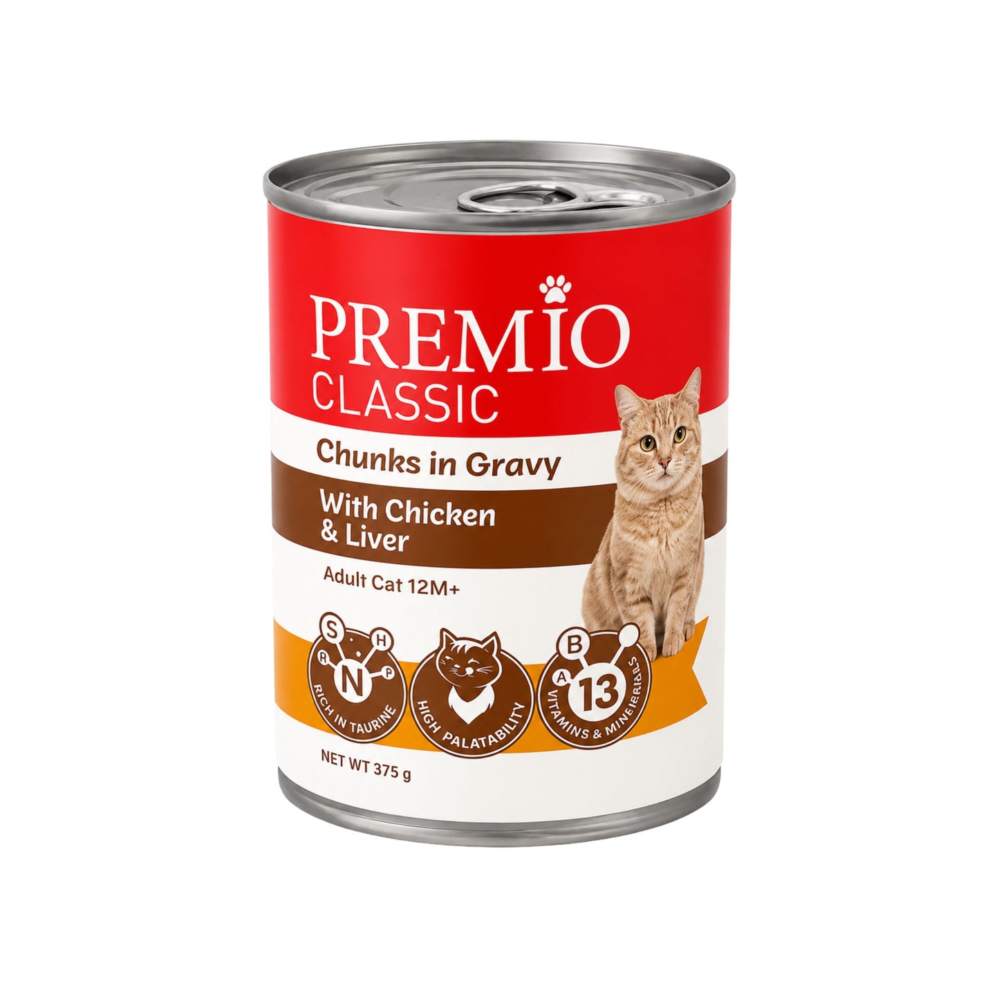 Premio פרמיו קלאסיק שימורי לחתולים בוגרים עם עוף וכבד ברוטב 375 גרם