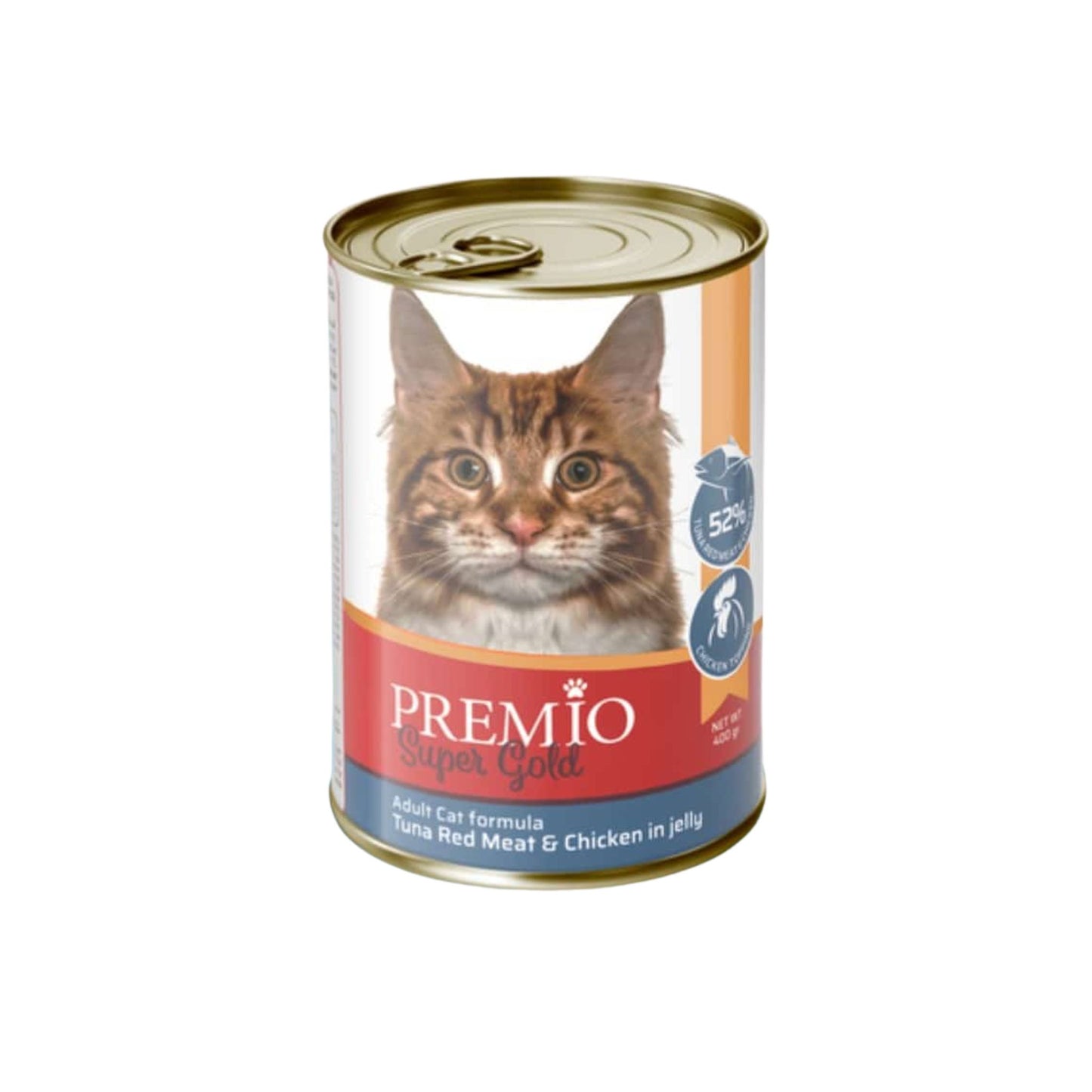 Premio פרמיו סופר גולד שימור לחתולים טונה אדומה ועוף בג׳לי 400 גרם