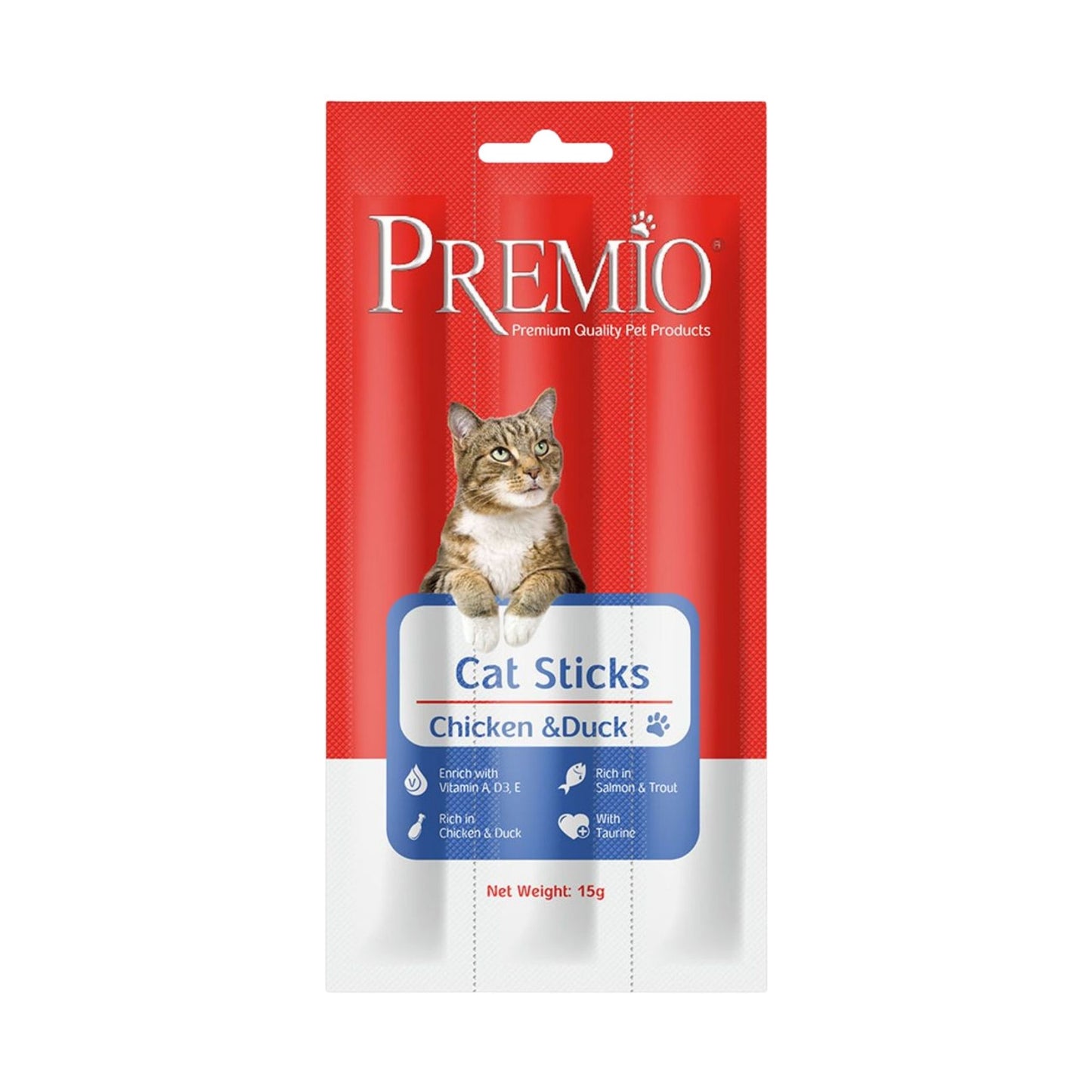 Premio פרמיו חטיף מקלות לחתולים עם עוף וברווז 15 גרם