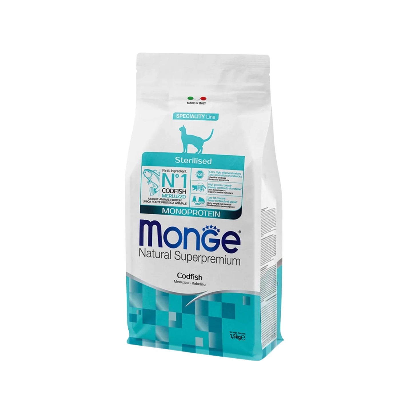 Monge מונג׳ מזון יבש לחתולים מסורסים ומעוקרים בטעם בקלה 1.5 ק״ג